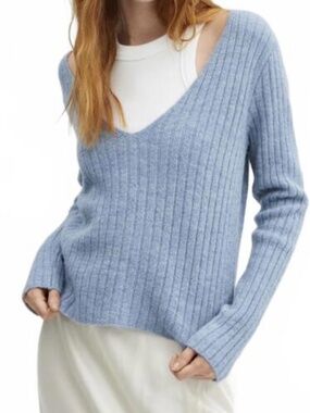 NWT Mango Blue Knit V-neck Sweater - Wool Blend